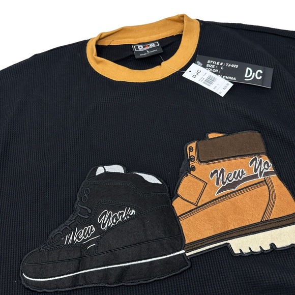 DJC Designer Jeans Co VTG NWT New York NYC Black Waffle Thermal Shirt Y2K Large - Picture 2 of 8